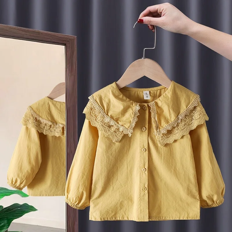 Spring Autumn Girls Blouses kids Shirts Long Sleeve Shirts Children's Lace Princess Bottoming New Western Style Baby