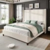 Queen Size 62" Corduroy Upholstered Bed Frame, Luxurious Platform Bed with Extra Tall Wingback Headboard and Vertical Stripe 1