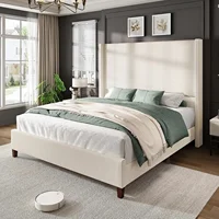 Queen Size 62" Corduroy Upholstered Bed Frame, Luxurious Platform Bed with Extra Tall Wingback Headboard and Vertical Stripe 1