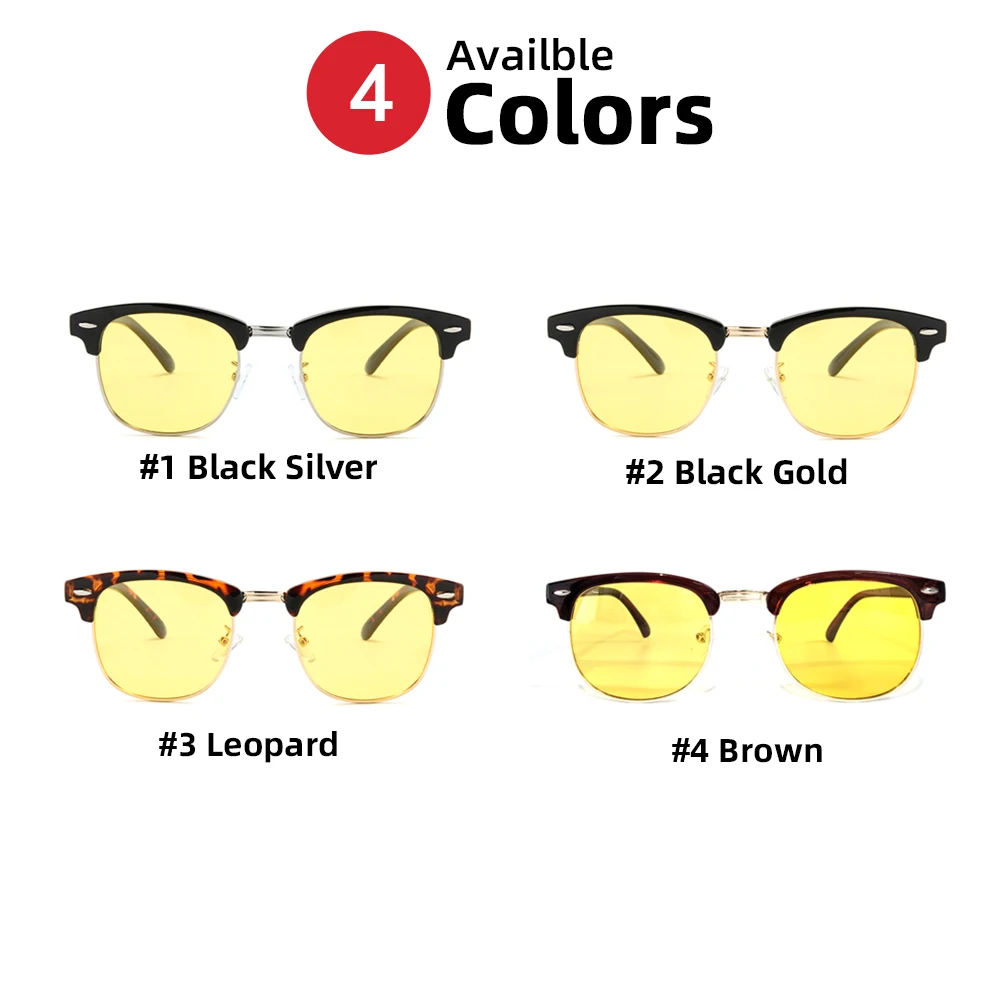 VIVIBEE Semi-Rimless Night Vision Glasses for Driving Men Yellow Polarized Lens Goggles Classic Square Driving Women Eyeglasses Night Vision Glasses