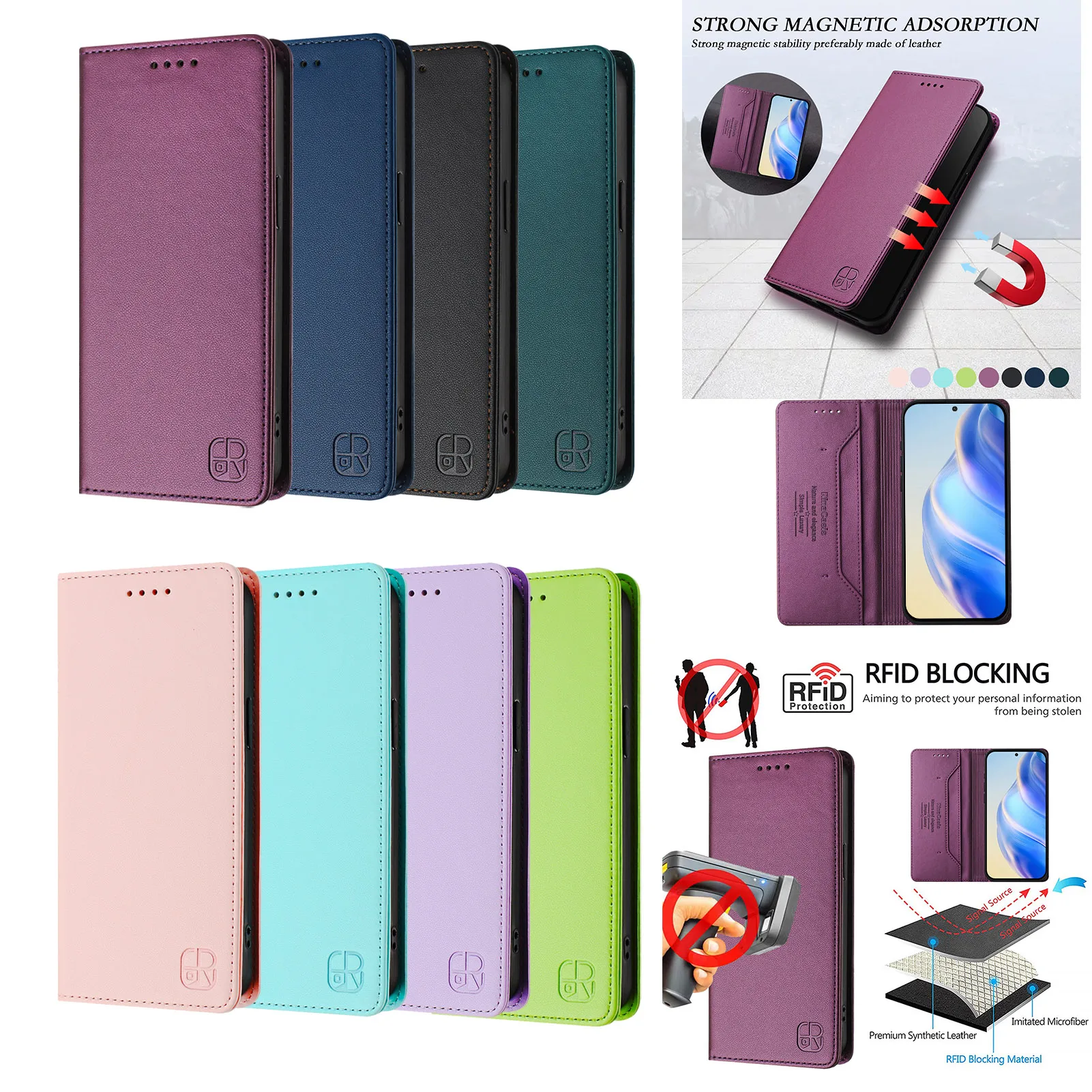Magnetic RFID Blocking Leather Phone Case with Card Slots and Anti-Scratch Wallet Cover