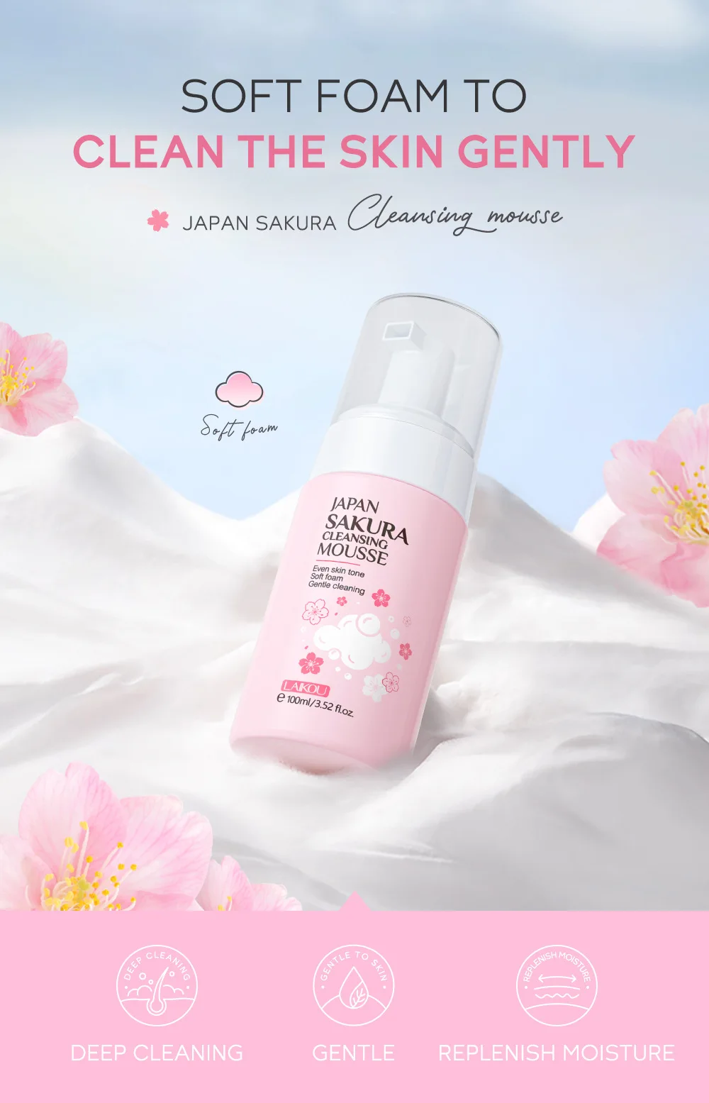 LAlKOU Japan Sakura Cleansing Mousse Facial Cleanser  Shrink Pores Deep Clean Oil Control Moisturizing Skin Care 100ml 5