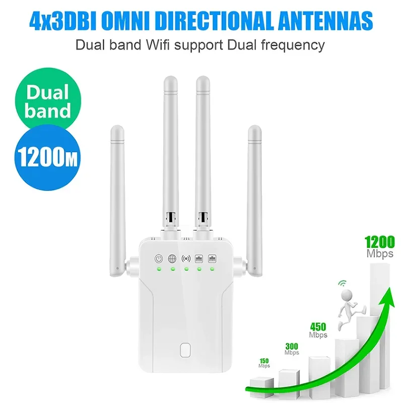 듀얼 밴드 와이파이 신호 증폭기 1200Mbps 무선 익스텐더 2.4G 5G 부스터 휴대폰용 가정 및 사무실 강화용