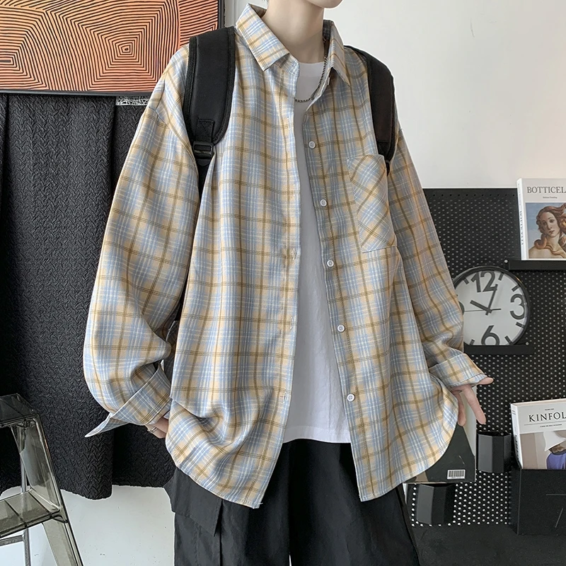 

Classic Plaid Long Sleeve Shirt Men Loose Korean Chic Coat Male Checker Blouses Couple Brand Single Breasted Harajuku Oversized