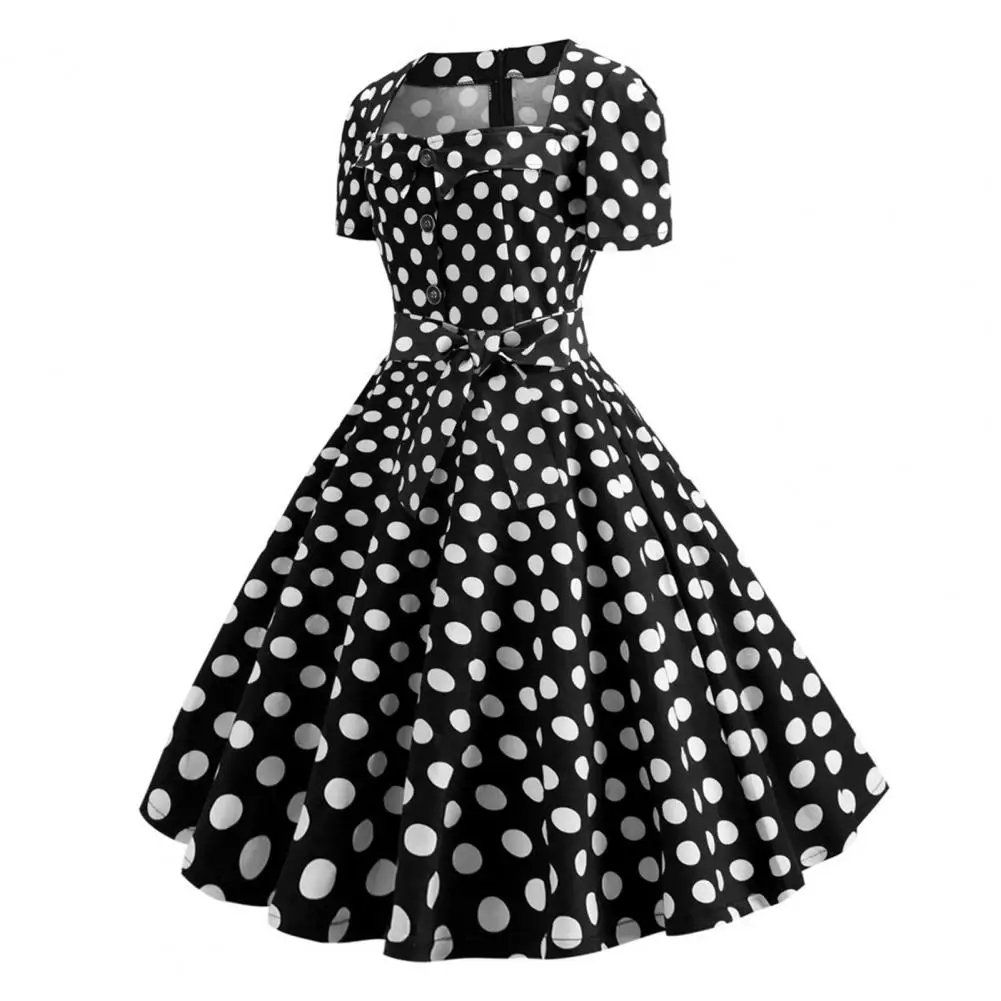 

Sexy Style Dress Retro 1950s A-line Midi Dress with Square Neck Big Hem Button Decor Color Matching Belted Bow Women's