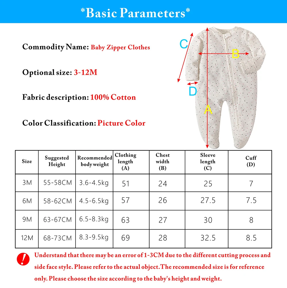 Baby Sleepsuit Baby Clothes Footed Pajamas for Newborn 0-3 Months Girls and Boys Long Sleeve Sleepwear Zipper Cotton