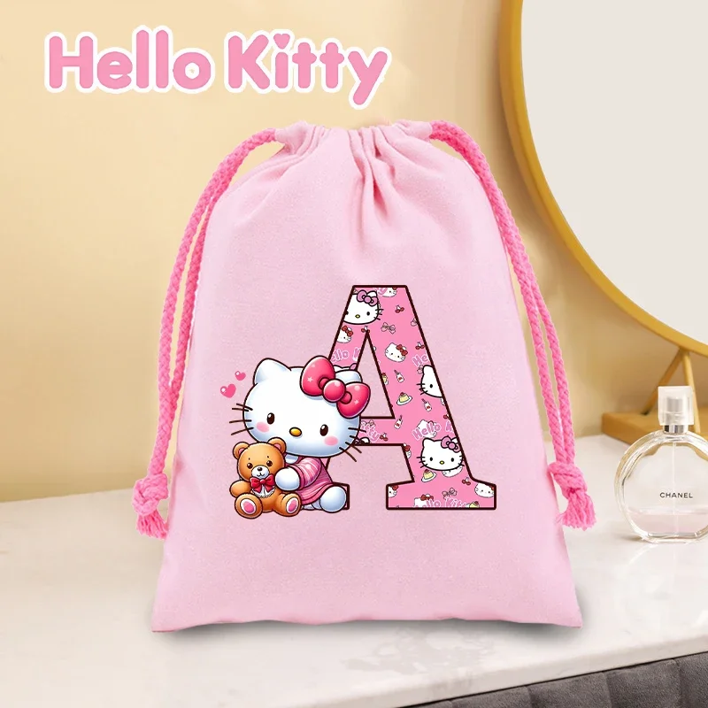 Sanrio Canvas Drawstring Bag Hello Kitty Letter A-Z Print Cotton for Candy Gift Reusable Jewelry Toy Storage Package Pouch