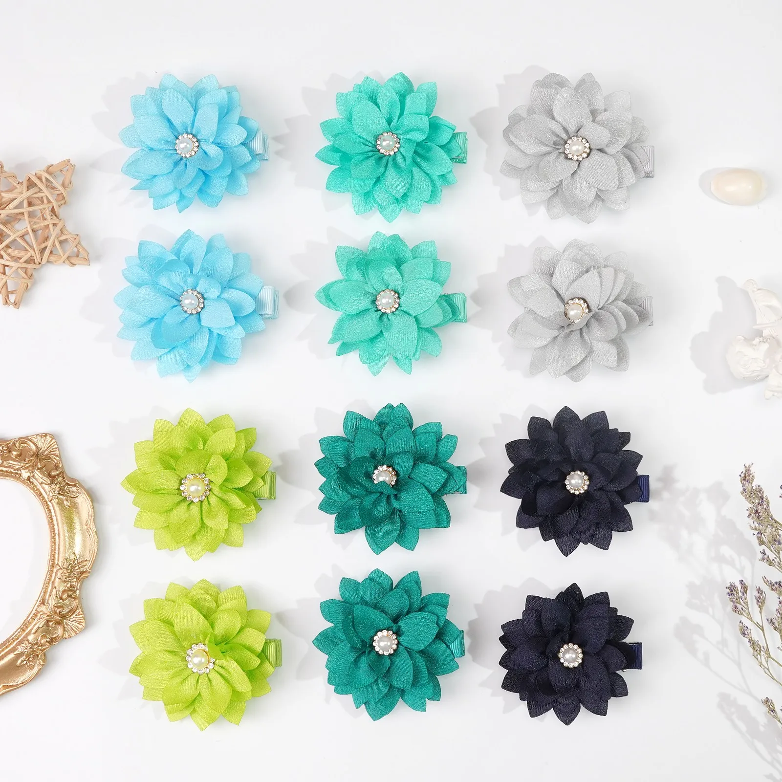 12 Stück 2-Zoll Chiffon-Blumen Haarspangen mit Strass Feine Kleine Haarklammern für Mädchen Party Schulanfang Haaraccessoires – Detail 9