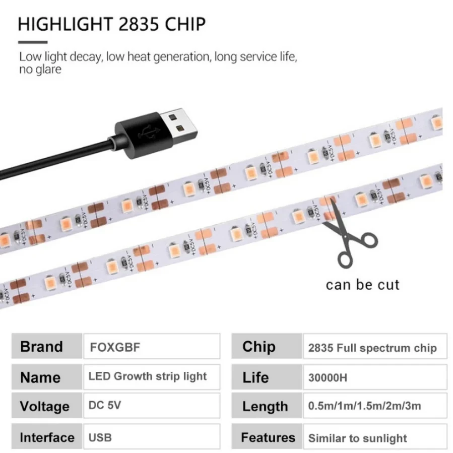 DC 5V USB LED 성장 조명, 식물 조명 성장 LED 스트립 식물 램프, 야채 꽃 묘목 성장 텐트, 전체 스펙트럼 1-5m