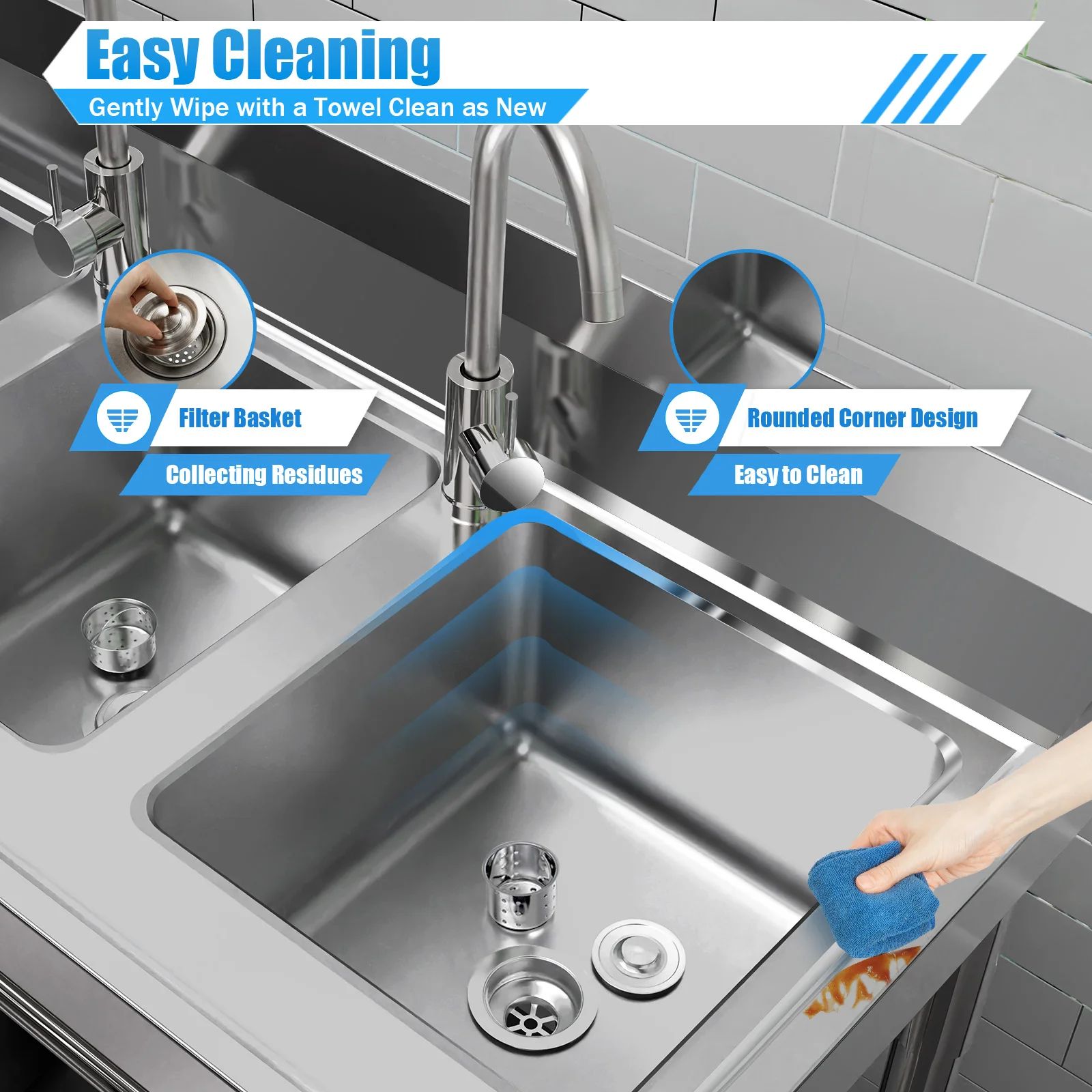 Bymaocar 3-Compartment Public Commercial Stainless Steel Utility Sink,Free Standing High-capacity Laundry Basin with Two Faucets 6