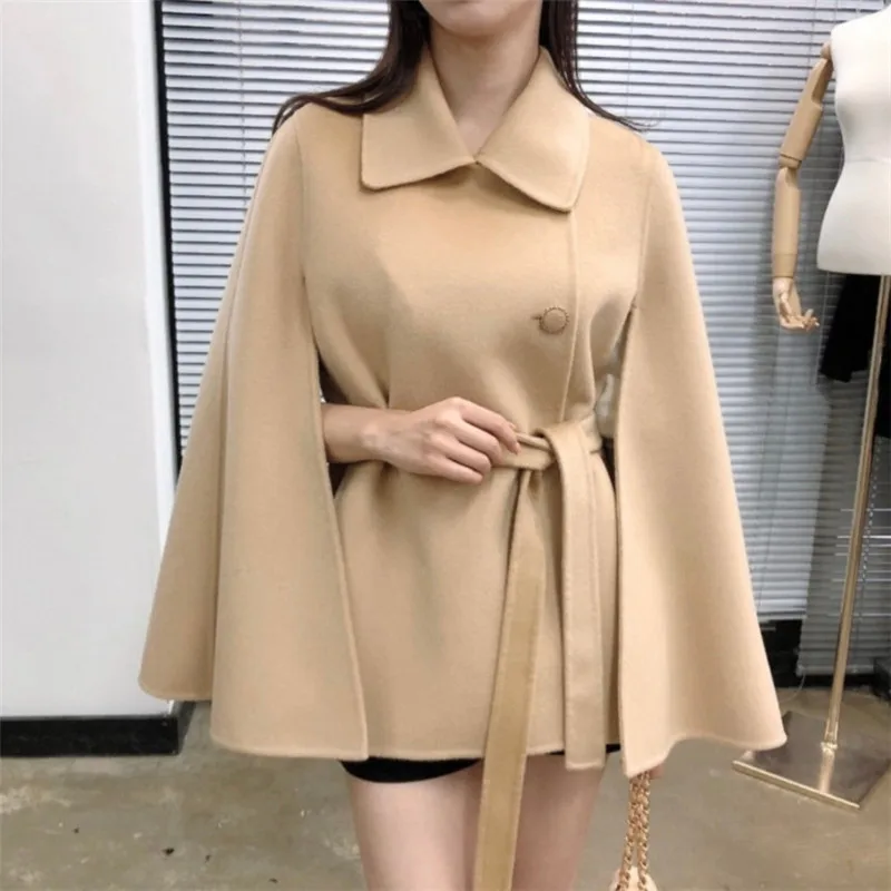 

New Korean Chic Fall Winter Lapel Single Breast Waistband Cape Coat Cloak Women Fashion Black Khaki Jacket Shawl Belted Outwear