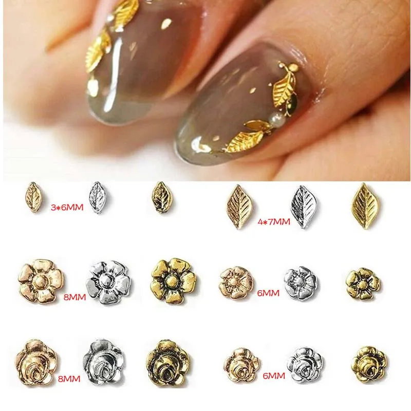 

20PCS Small Weed Charm Gold and Silver20pcs Metal 3d Charms Metal Decoration Rose/Leaf with Rhinestone Nail Art Decoration
