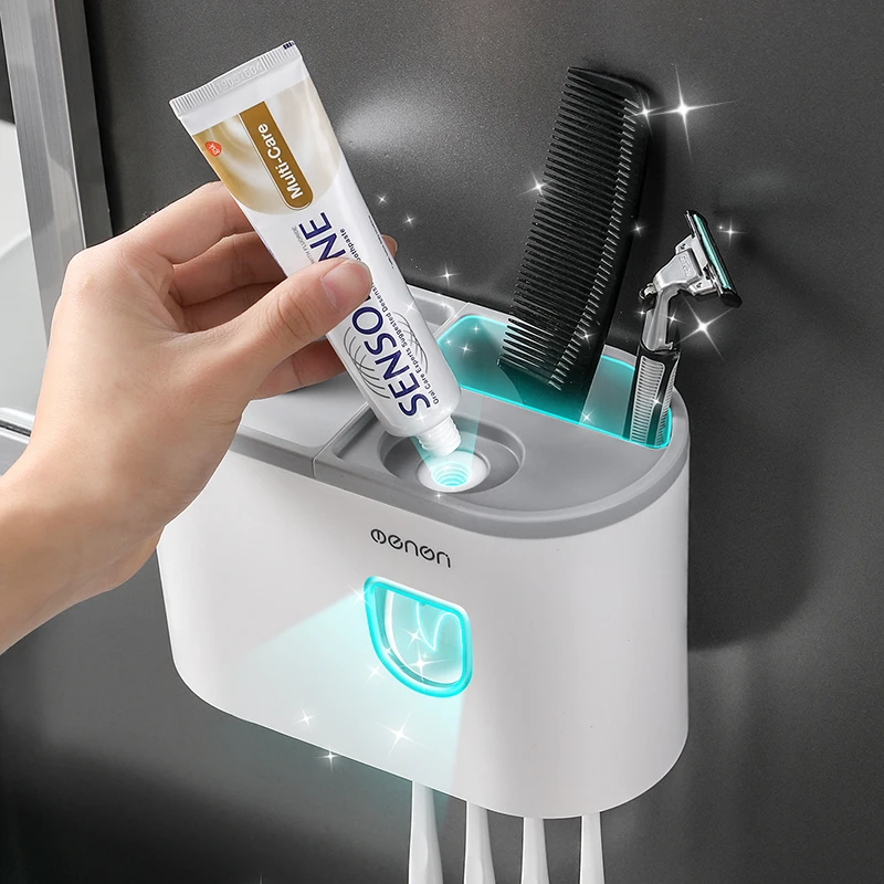 WIKHOSTAR Automatic Toothpaste Dispenser Multifunctional Storage Rack Wall Mounted Toothbrush Holder Bathroom Accessories Sets