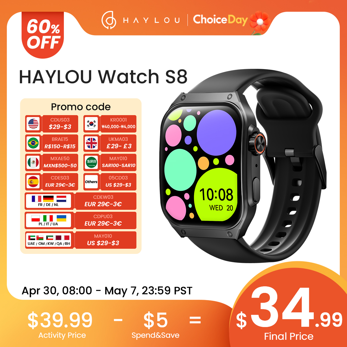 HAYLOU Watch S8 Smartwatch 1.96'' AMOLED Curved Screen BT5.3 Bluetooth Call AI Voice Assistant 20 Days Smart Watches for Men