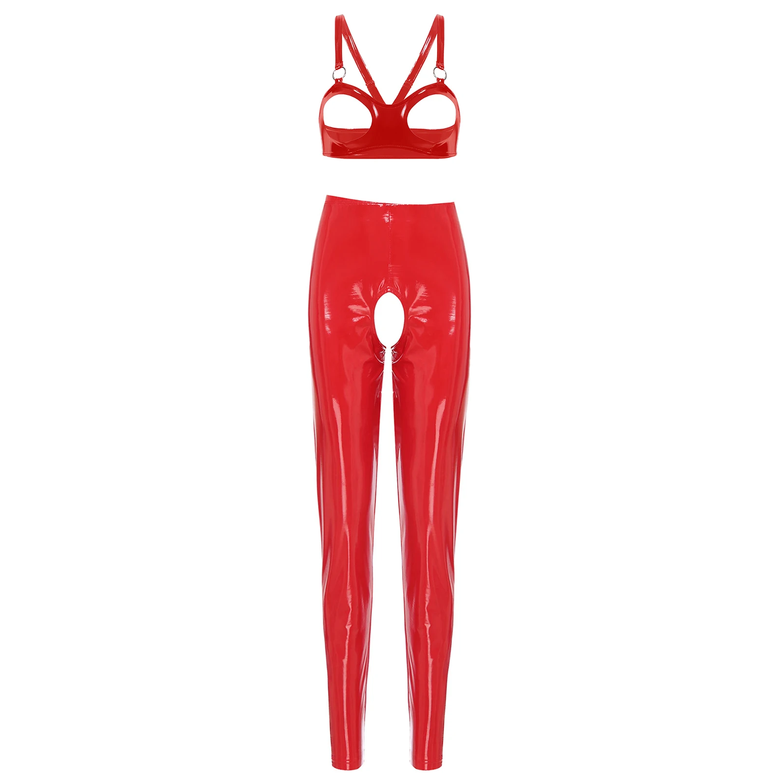 thumbnail image 1 of Conjunto de lencería Sexy de charol con aspecto mojado para mujer, sujetador con copa abierta recortada, Top corto con mallas de cintura alta sin entrepierna, pantalones ajustados, 1 of 5