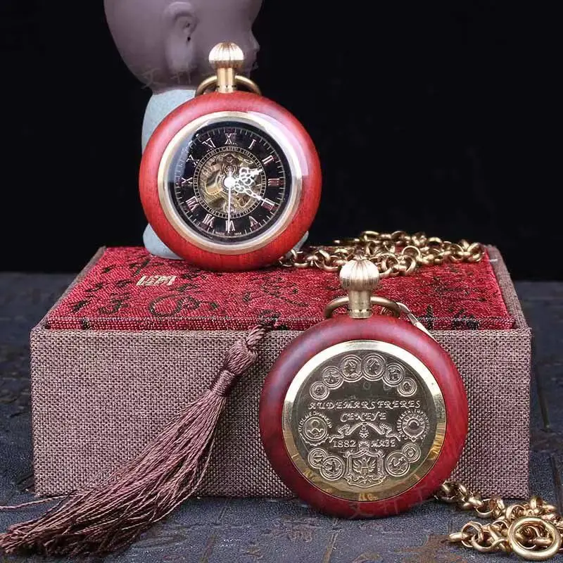 Vintage mechanical pocket watch mahogany solid brass lidless roman necklace wall watch student old man pocket
