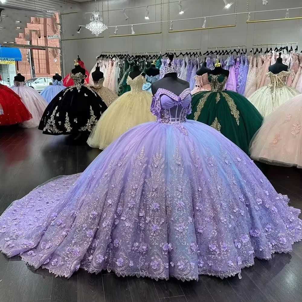 ANGELSBRIDEP Glittering Lavender Quincenara Dress Ball Gown Luxury Lace Vestidos De 15 A&ntilde;os Off-Shoulder Birthday Party Prom