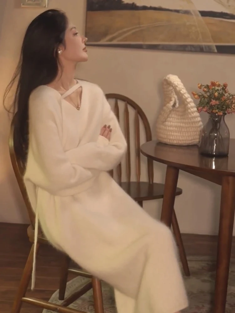 2023 가을과 겨울 부드러운 찹베이스 스커트 내복 긴 스웨터 원피스 코트 니트 원피스 여성 높은 감각