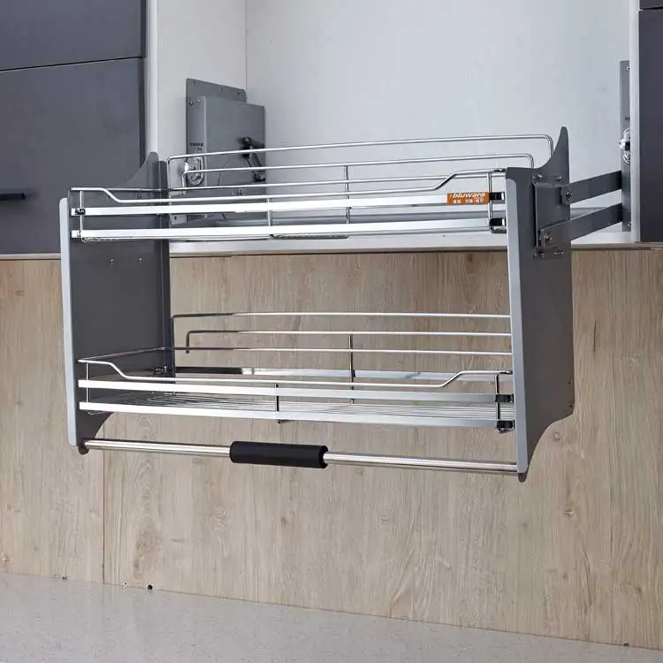 Kitchen Storage Lift Up System Plate Rack Stainless Steel Dish Rack Basket Elevator Organizer Basket