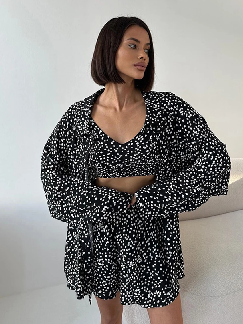 Mathaqiqi Printing Women Nightgowns 3 Piece Suit Turn-Down Collar Nightie Long Sleeve Pajama Tank Tops Pijama Shorts Pyjamas Set