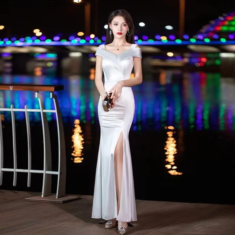 

White Mermaid Ankle Length Prom Dresses With Slit Wide Shoulder Straps V-neck Evening Dress For Women Wedding Party Gown