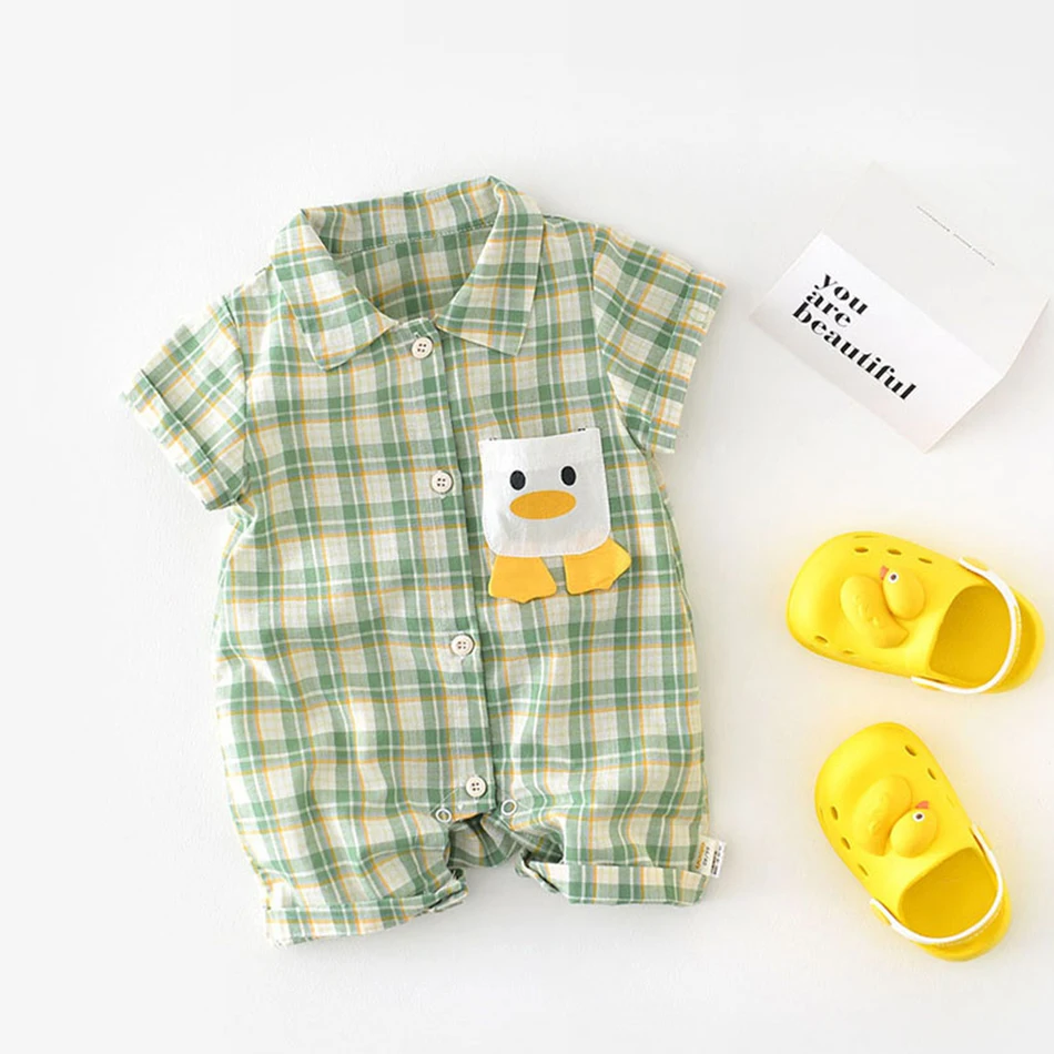 

Newborn Romper Children Button Plaid One-Piece Toddler Casual Onesie Infant Summer Penguin Pajamas Plaid Sleeper 3-24 Months