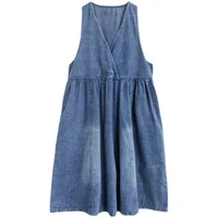 plus Size Women's Denim Dr Loose Fit Summer Faion High Waist A-Line Skirt ort Sve V-Ne Waed out Jeans Dr - Image 5