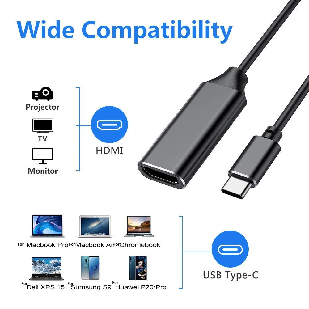 Type C to HDMI Adapter Male to Female Converter Cable for 4K USB C HDTV Laptop Flat Screen TV