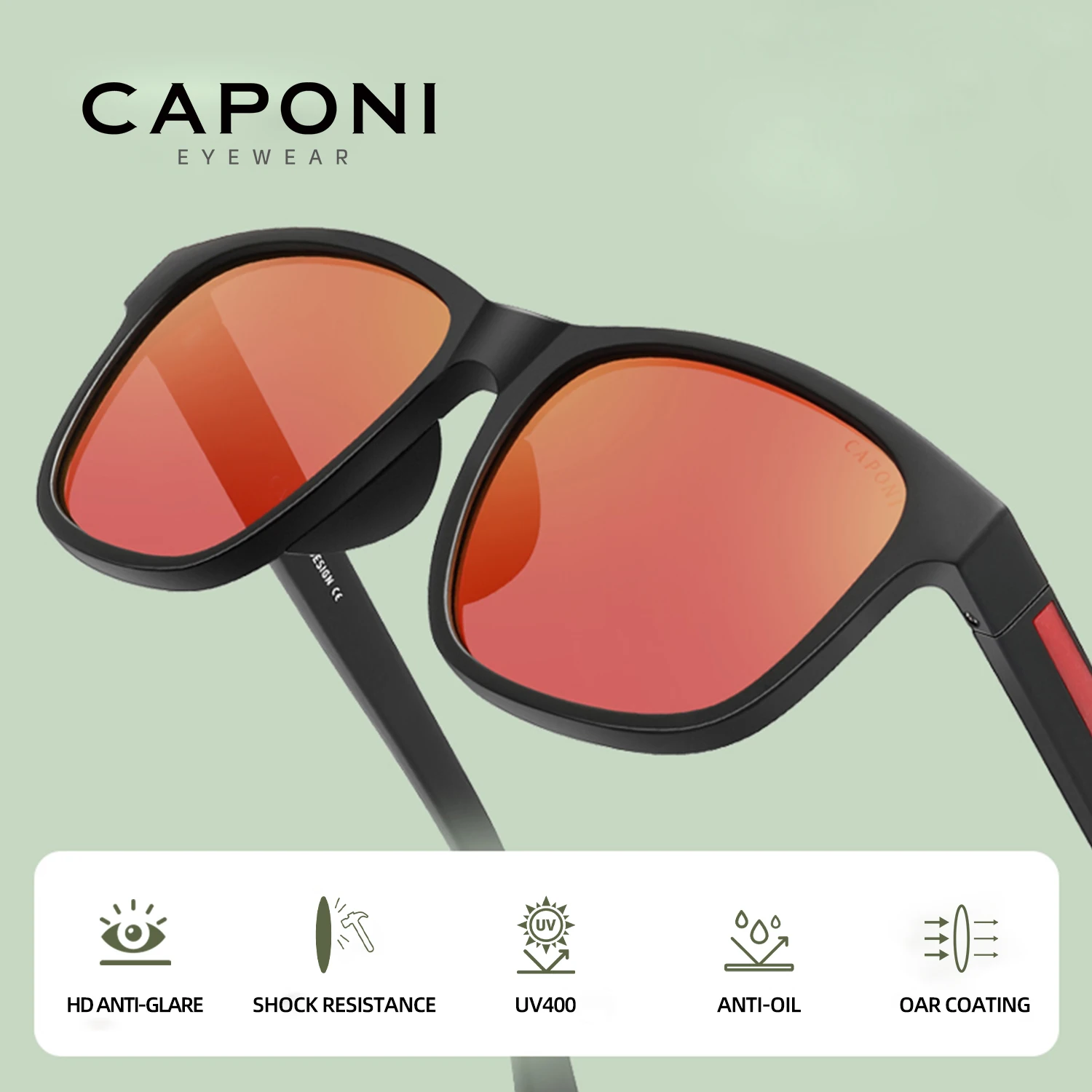 CAPONI HD Polarized Men Black Sunglasses High Quality Outdoor Anti Reflection Sport Sun Glasses UV400 Coating Lens Shade CP24710