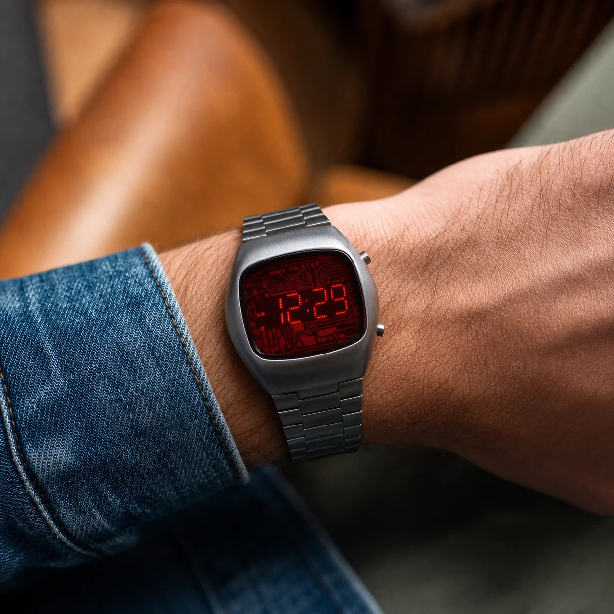 BENLYWATCH REDLINE 1970s Old Vintage Red LED Digital Watch for Men Dot Matrix Display Visible Circuit Board Retro Wristwatch