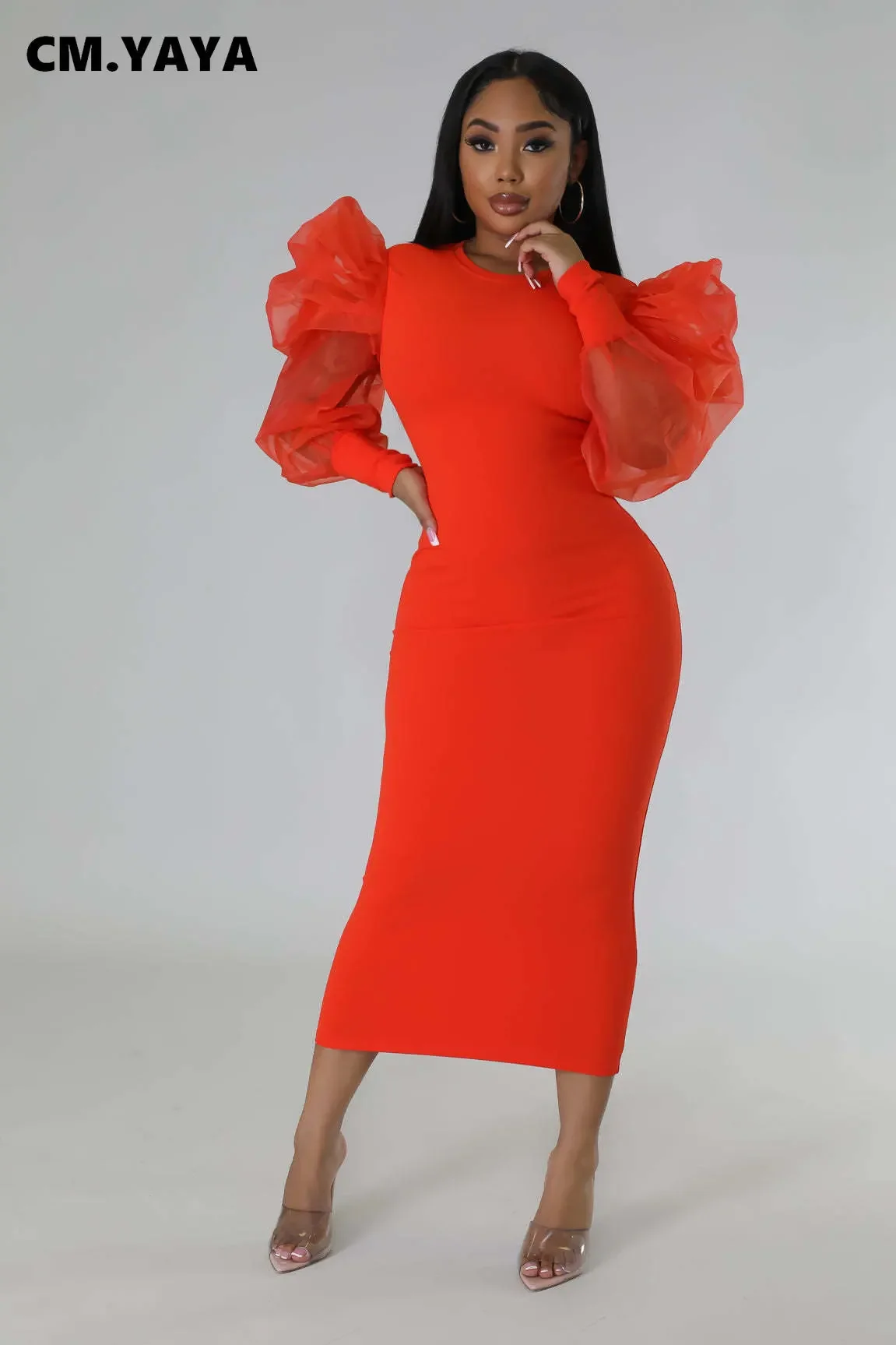 CM.YAYA Women Mesh Puff Long Sleeve O-neck Bodycon Midi Maxi