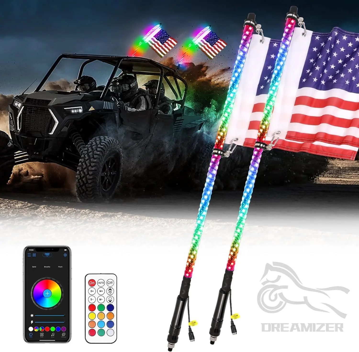 

1/2pcs RGB Waterproof LED Whip Light Multi-Color Flagpole Lamp Bowlight for Offroad Sand Rails Buggies SxS ATV UTV RZR Trucks