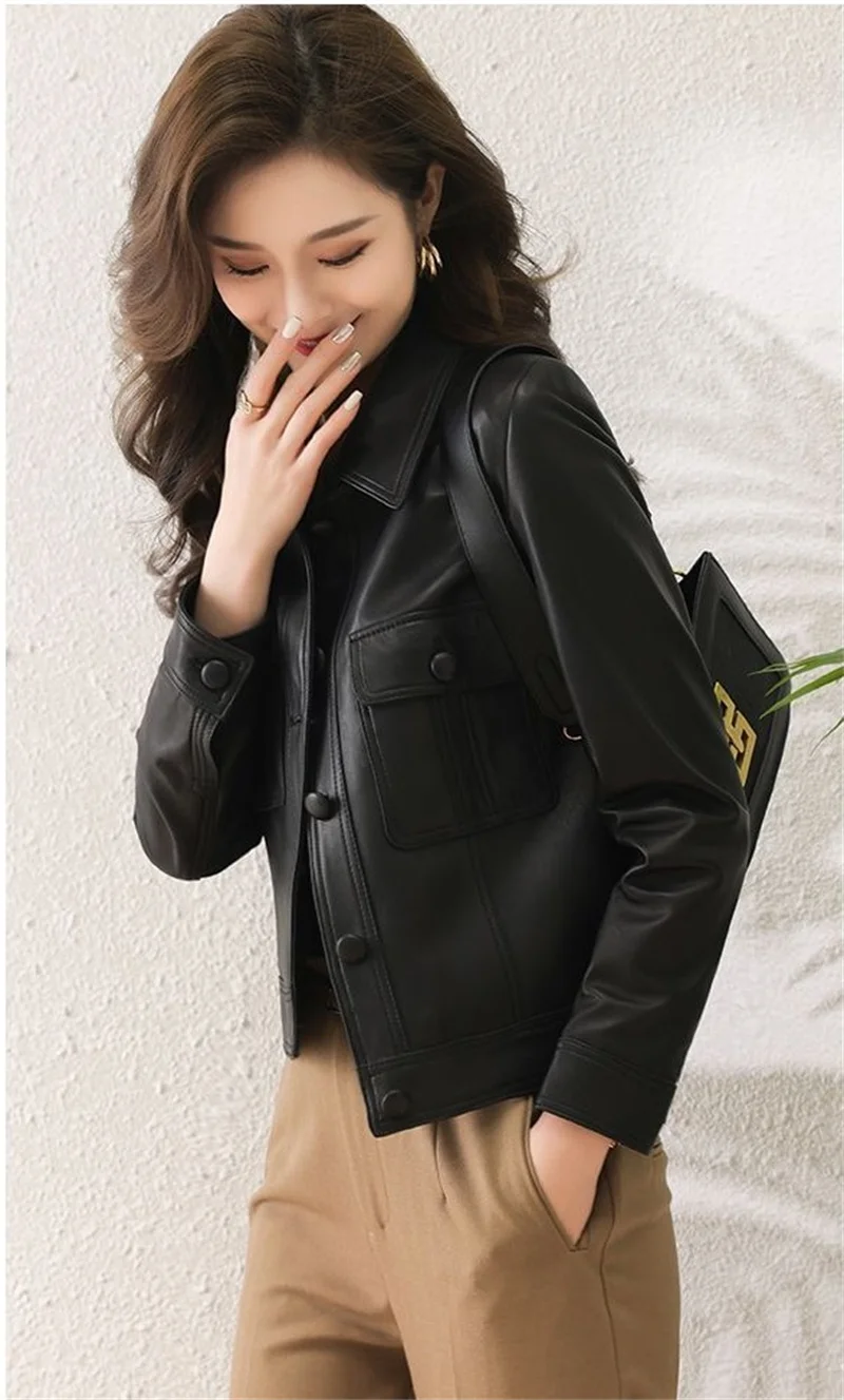 Lapel PU Leather Jacket Women 2024Spring Autumn New Coat Fashion Locomotive Goddess Overcoat High Quality Short Outerwear Female