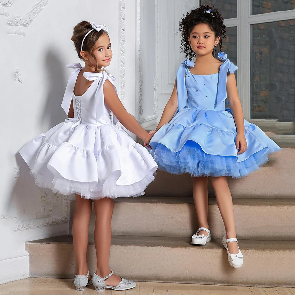 Custom Flower Girl Dress 2023 Square Neck Sleeveless Beading Puffy