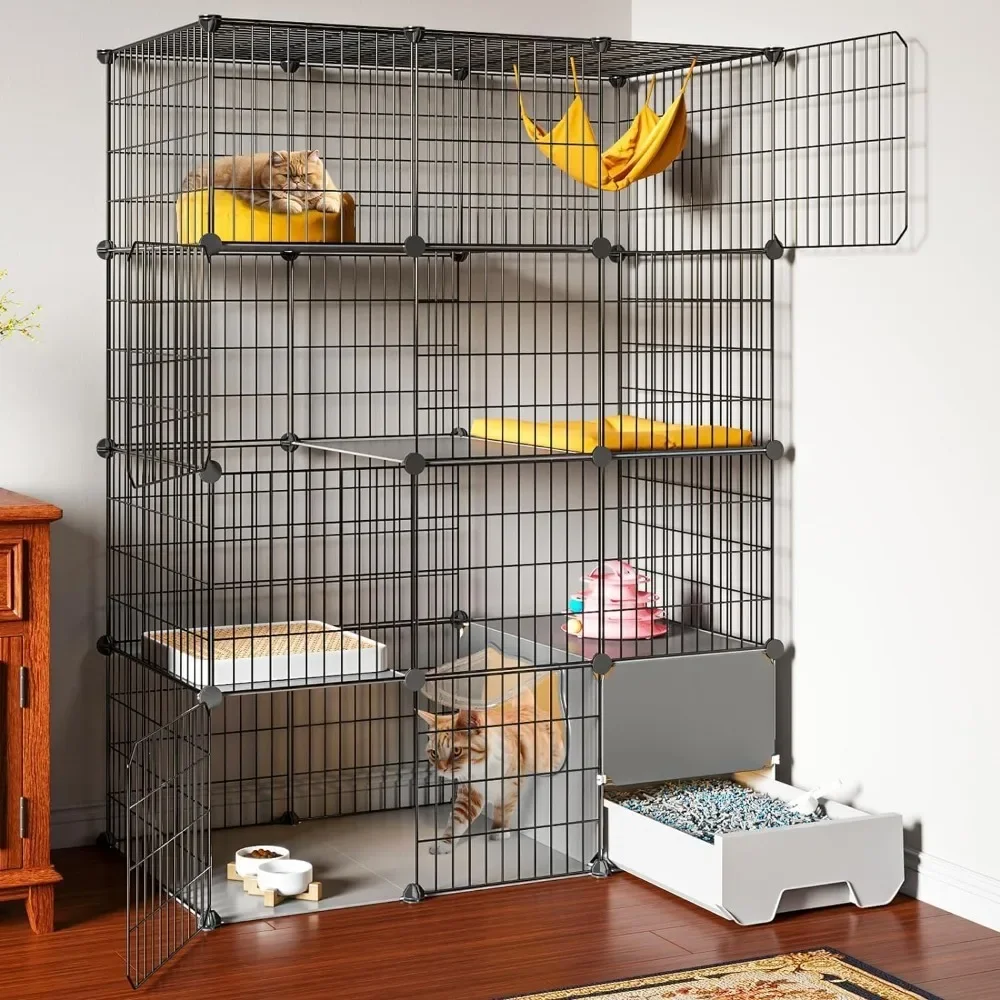Cat Cage with Litter Box,4-Tier DIY Cat Enclosures Large Playpen Detachable Metal Wire Kennel Indoor Crate Large Exercise