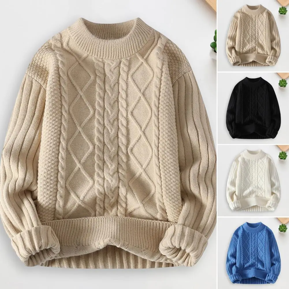 

Men Loose Sweater Cozy Men's Winter Sweater Thick Knit Soft Round Neck Anti-pilling Cold Resistant Stylish Solid Color