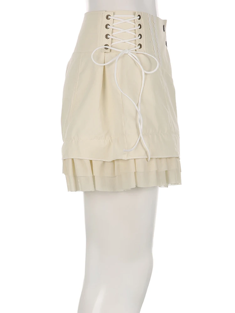 IAMSURE Vintage Sweet Bandage Ruffles Shorts Slim Solid High-Waisted Patchwork Shorts Women 2023 Summer Fashion Streetwear Lady