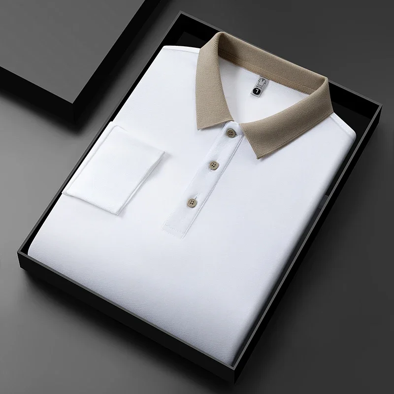 Polo da uomo in tinta unita a maniche lunghe casual da lavoro nuova Top versatile quattro stagioni caldo e confortevole alla moda - immagine 4