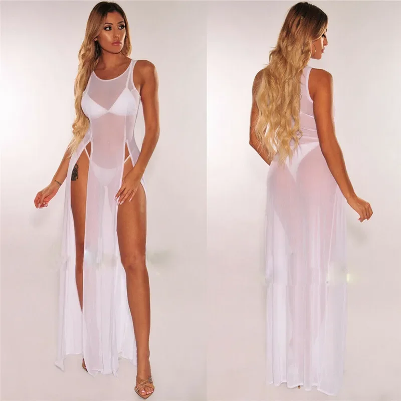 Sexy Womens Mesh Sheer Long Dress Ladies Bikini Cover Up Beach Sundress Solid See-through Long Dress Sleeveless Strap Dress 3