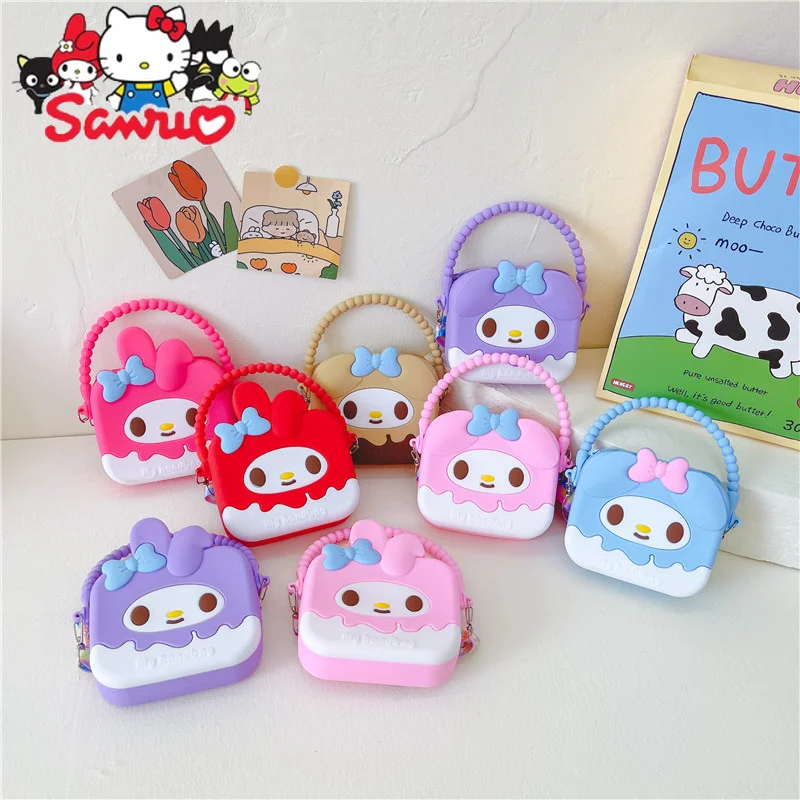 

Sanrio Melody Kuromi Hello Kitty Cinnamoroll Pochacco Bow Cartoon Fashion Kids Princess Bag Girls Style Silicone Shoulder Bag