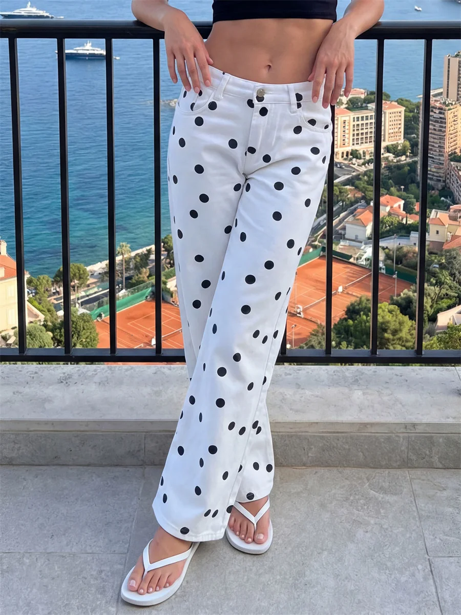 Jean ample pour femme à pois imprimés, pantalon en denim à jambe large, taille haute, style rétro, pour le travail, le bureau, le quotidien et le streetwear