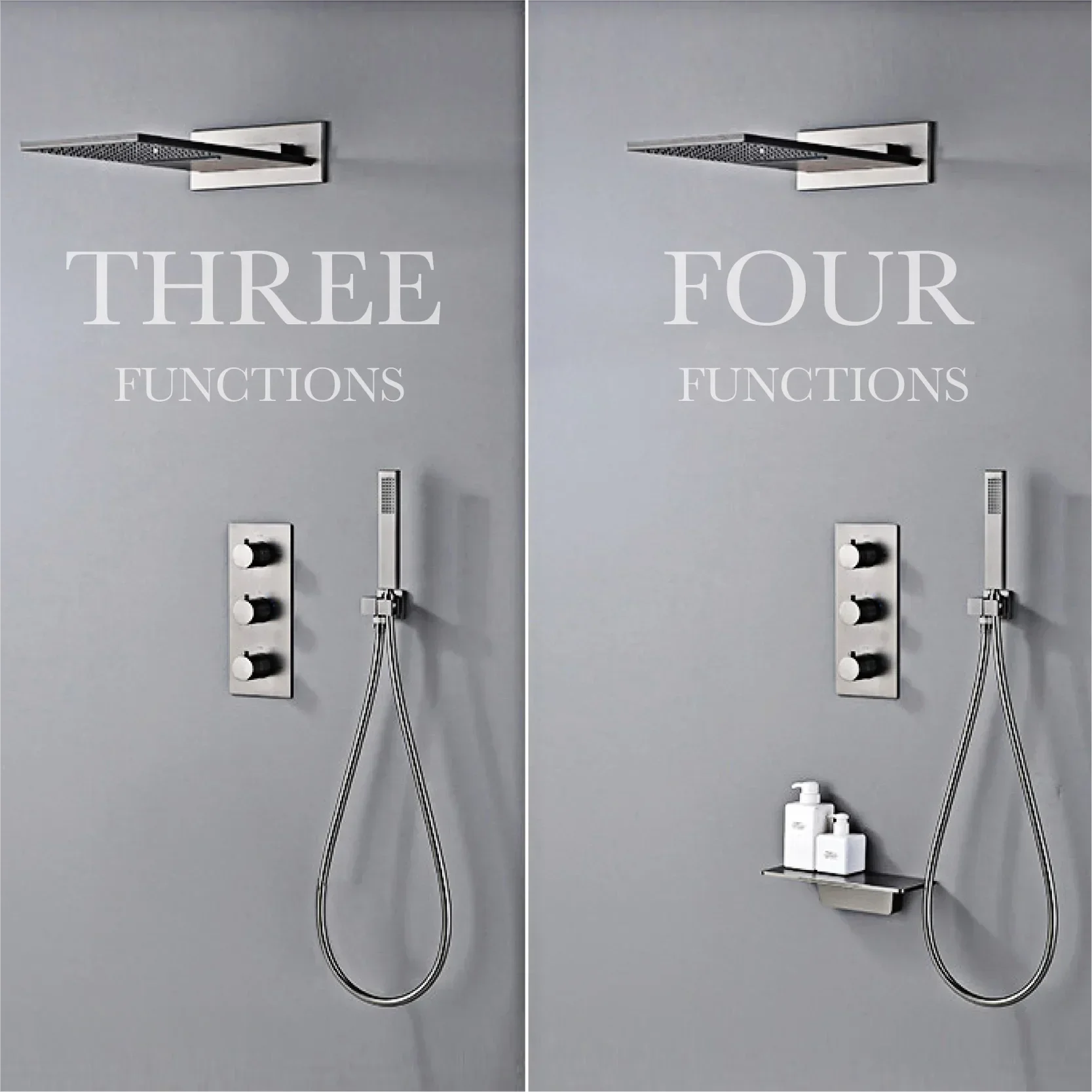 Deluxe gun gray thermostatic shower system wall-mounted design 4-function cold & hot dual-control waterfall brass bathroom Tap
