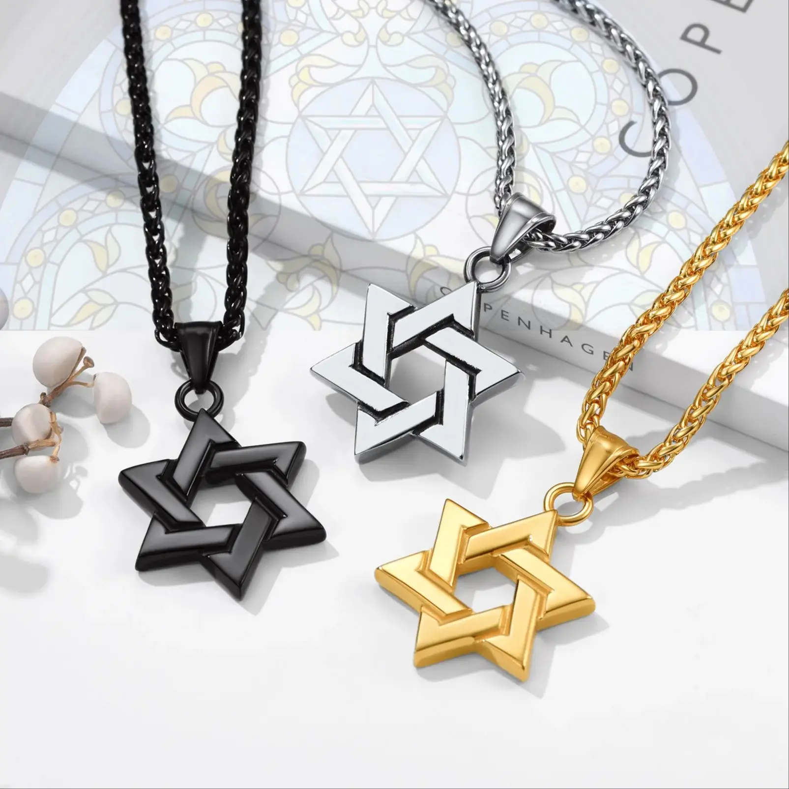 U7 Stainless Steel Star of David Necklace Men Women Gold Black Color Judaism Shield of David Hexagon Protection Symbol Necklaces