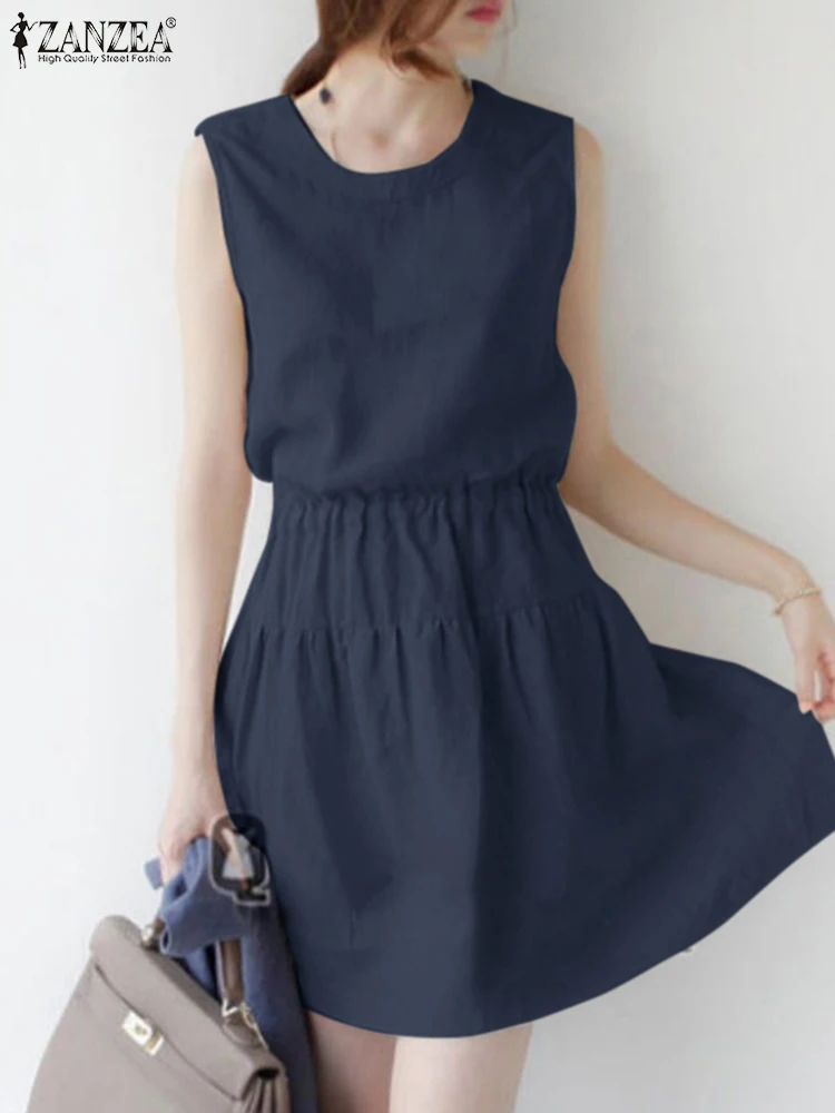 

ZANZEA Fashion Cotton Dress Summer Woman Sleeveless Tank Sundress Female Elegant Office Vestidos Solid A Line Dresses Oversized