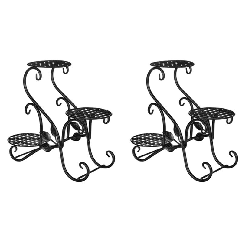 

2X Iron Flower Shelf Rack Home Floor-Style Living Room Flower Pot Shelf 3Layers Indoor Outdoor Garden Stand(Black) Promotion
