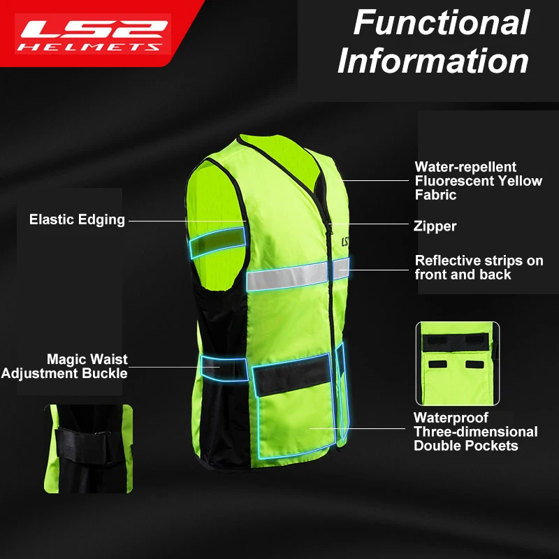 LS2 Original Motorcycle Reflective Vest Men Women Breathable Fluorescent Motorcycle Jacket Work Wear High Visibility Safety Vest