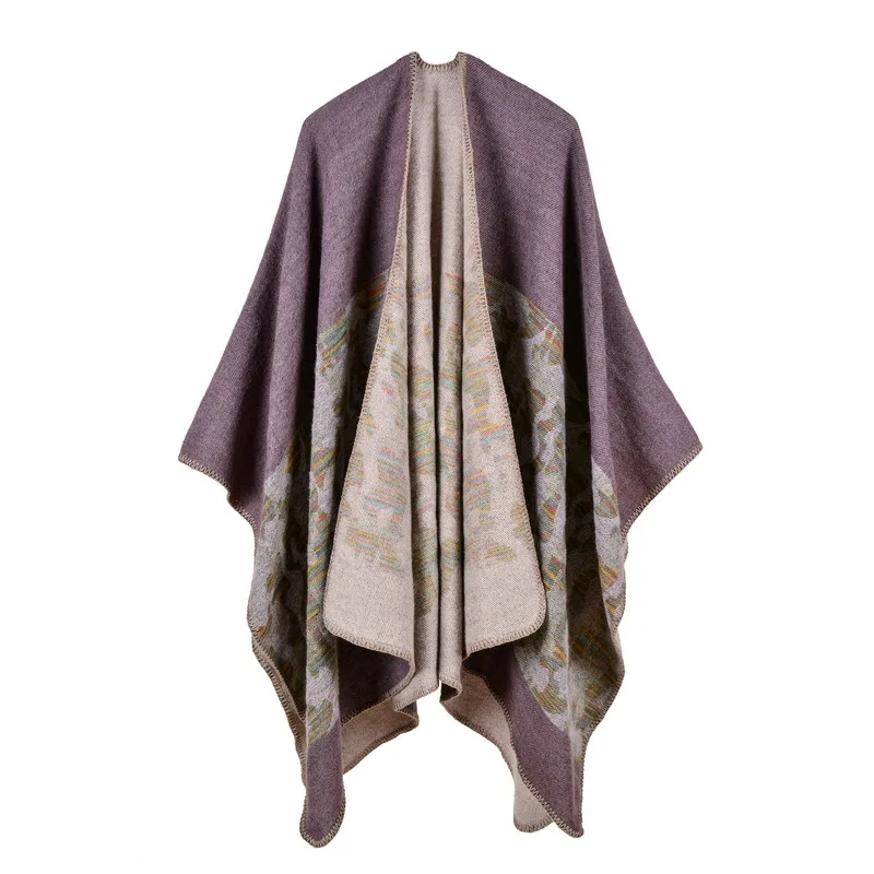 

European American Women's Fashion Camouflage Imitation Cashmere Split Fork Lengthened Thickened Cape Ponchos Lady Coat Gray