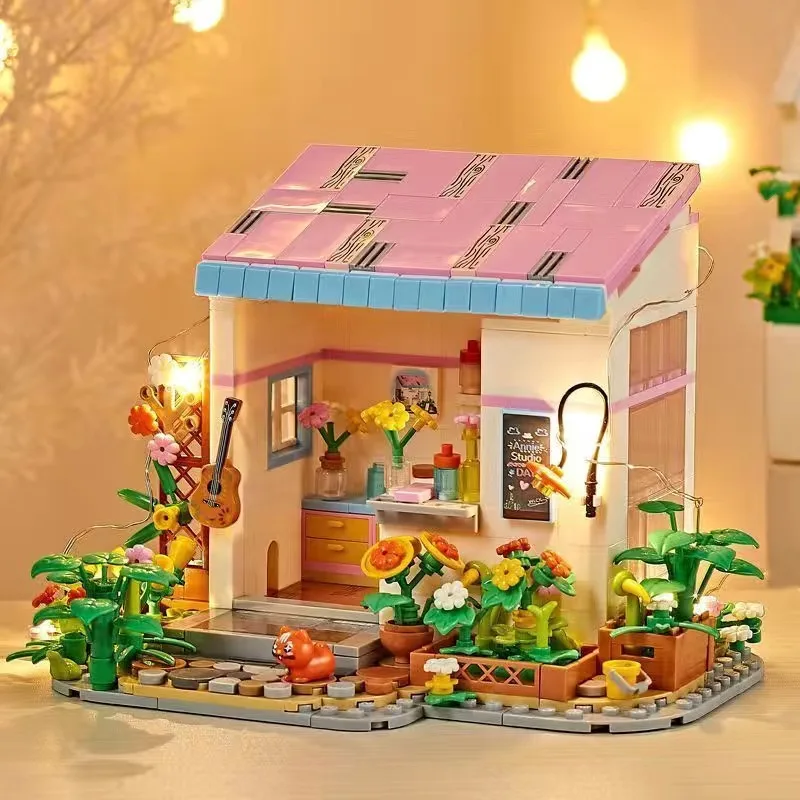 Building Block With Light Set Plant DIY Assembly Building Blocks Decoration Children Bricks Toy Holiday GiftsFood House
