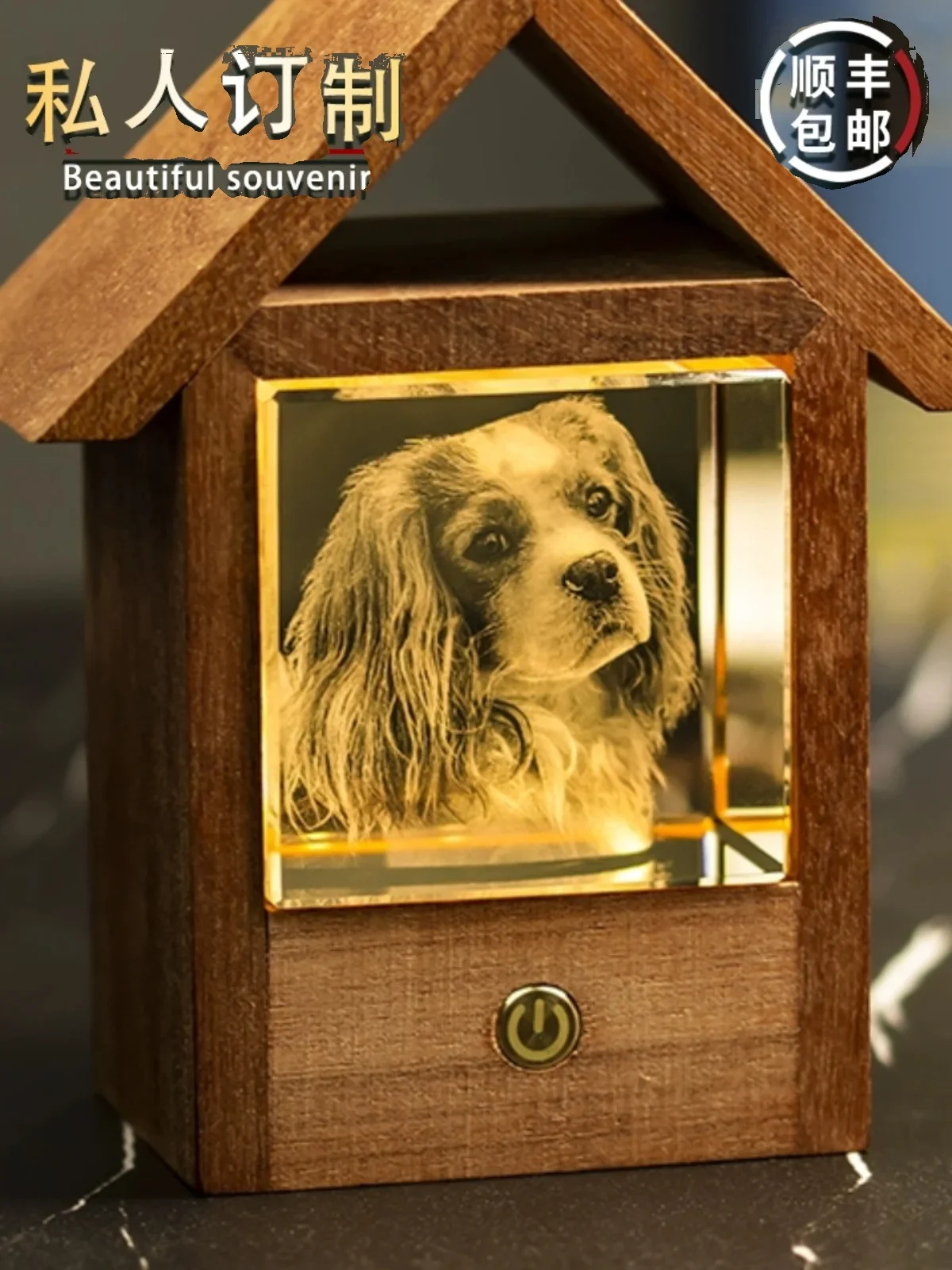 Pet Souvenirs Photo Luminous Frame Small House Crystal 3D Internal Sculpture Funeral Ashes Cats Dogs
