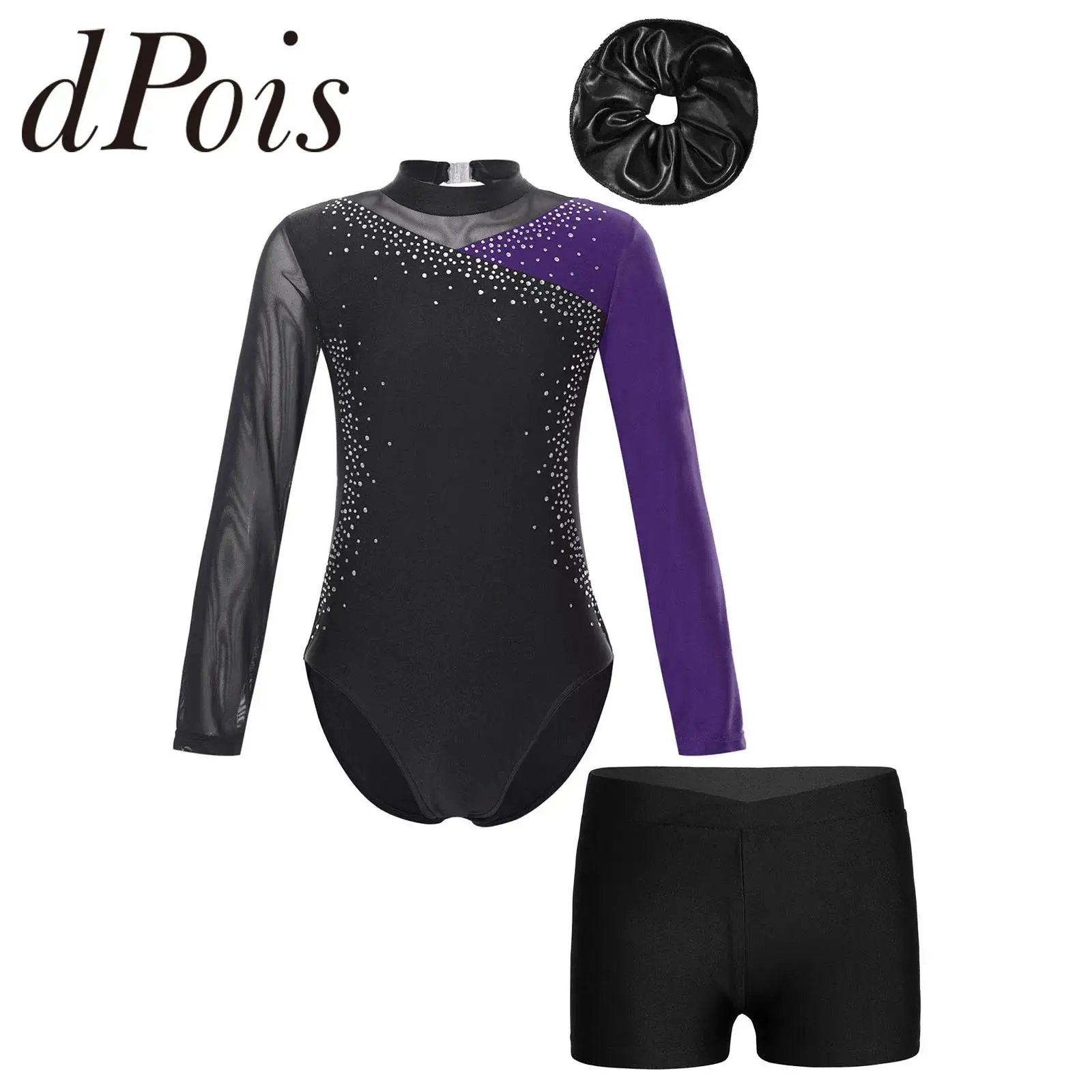 Kids Girls Gymnastics Bodysuit Outfit Shiny Colorblock Long Sleeve Skating Jumpsuit Children&rsquo;s Tutu Ballet Leotard with Shorts